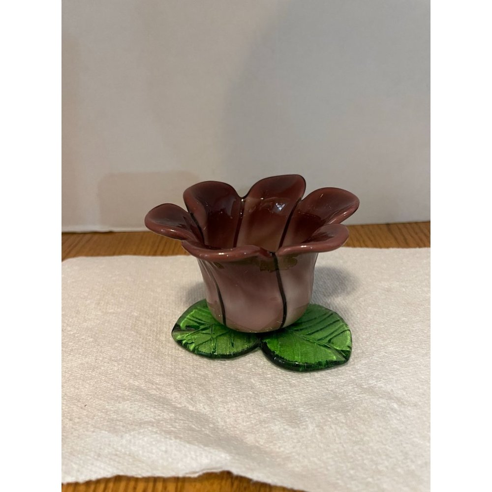 Hand Blown Art Glass Purple Flower Votive Candle Holder